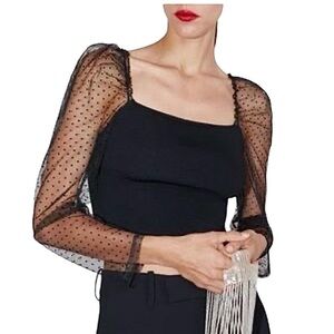 Zara Polka Dot Puff Sleeve Knit Crop Blouse Top,‎ Coal Black, Size M